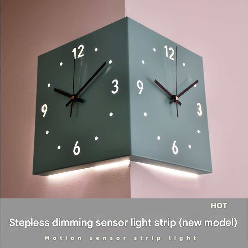 Sky Blue SHOND corner wall clock mounted on clean bedroom wall
