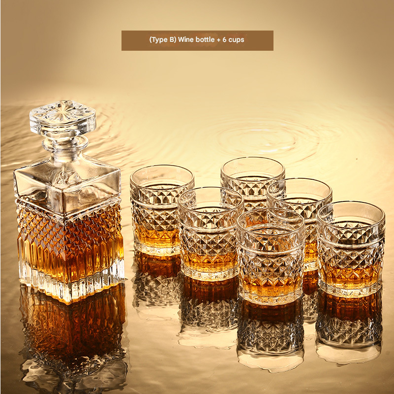 SHOND™ Crystal Carved Decanter & Wine Glass Set – Clear cut-glass design
